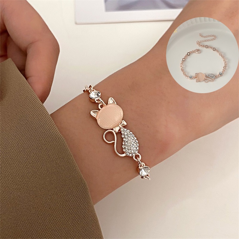 Gelang Rantai Liontin Kucing Aksen Berlian Imitasi Untuk Wanita