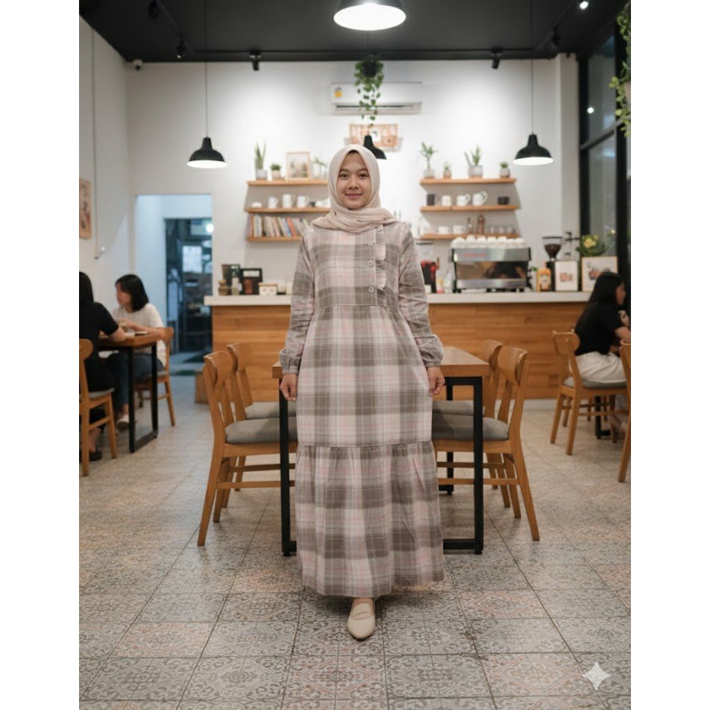 Gamis berbahan katun triset dres motif kotak salur