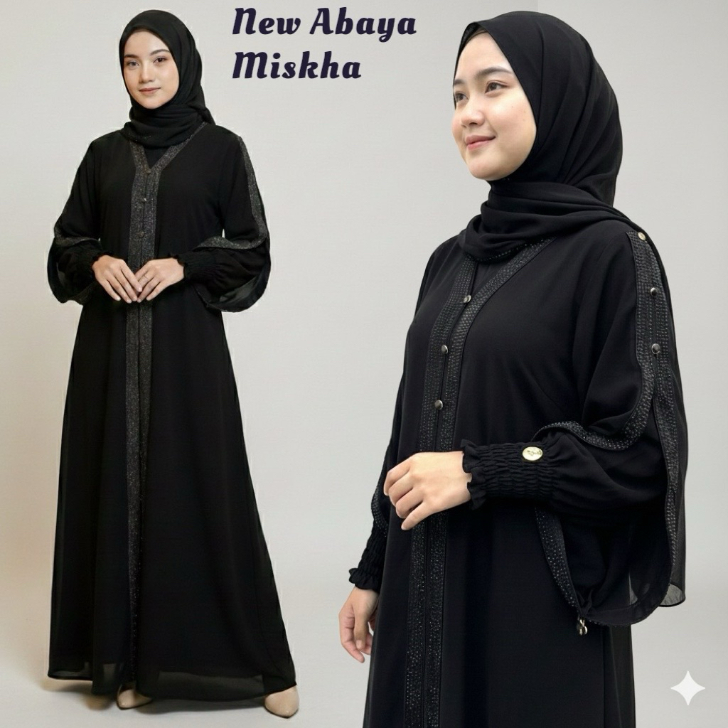 Terbaru Abaya Miskha Jetblack hitam bordir mata mata cantik sifon dress remaja syari santri gamis