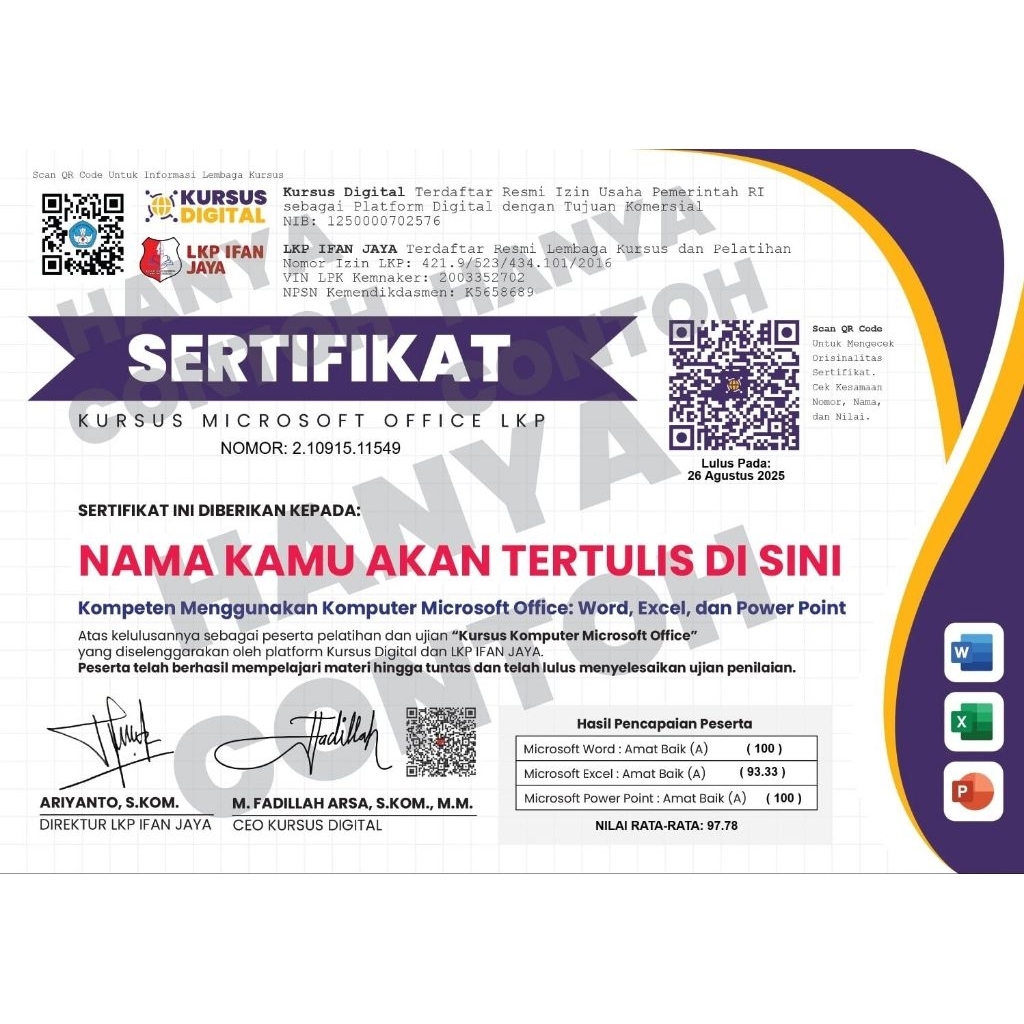 SERTIFIKAT KOMPUTER MICROSOFT OFFICE RESMI | Free E-Course dan Garansi