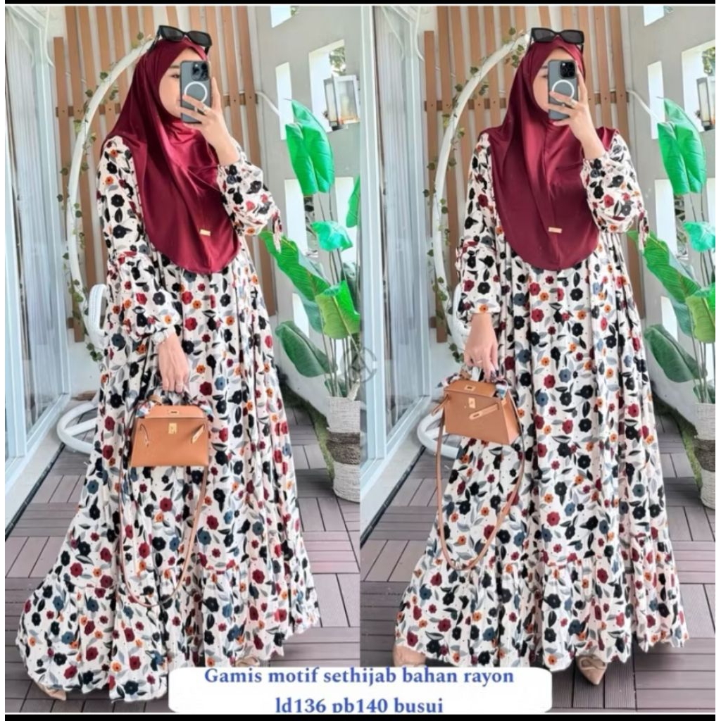 Gamis rayon premium lengan balon motif bunga