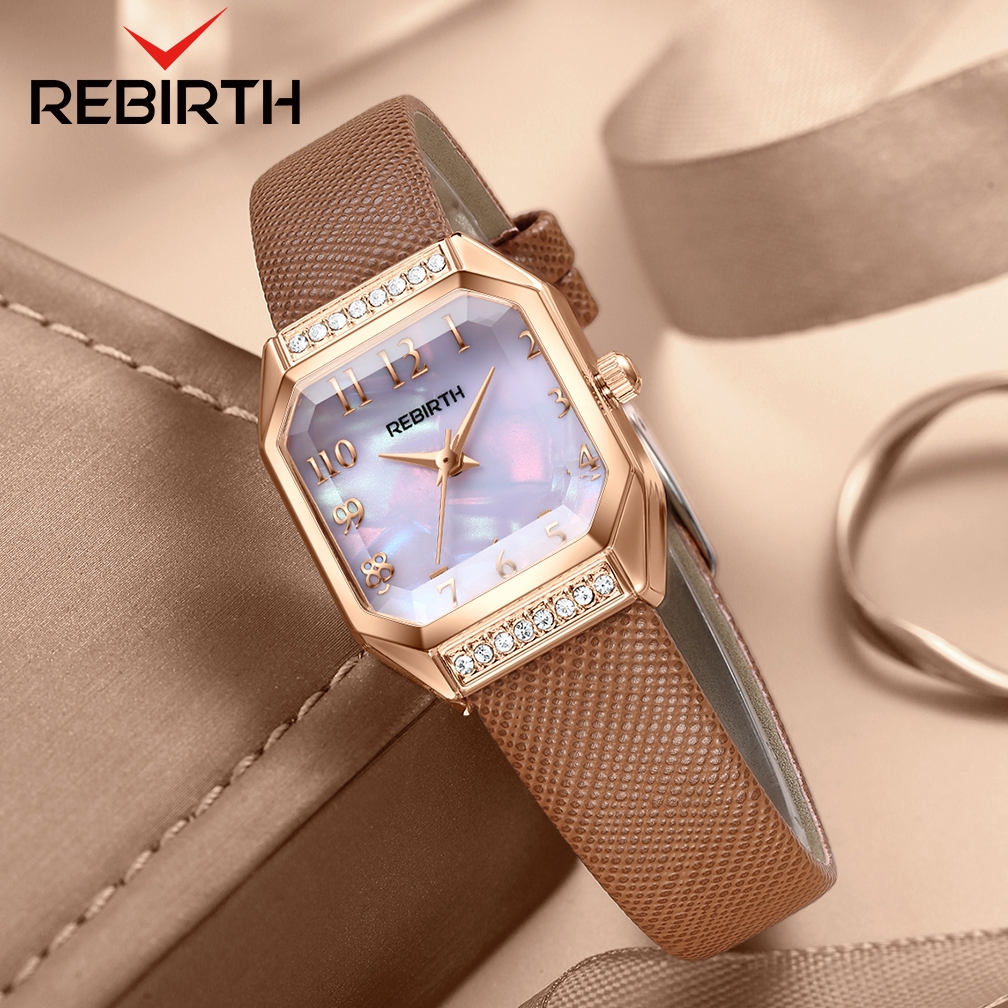 REBIRTH Jam Tangan Wanita Anti Air Fashion Diamond-Shaped Mirror Tali Kulit L001