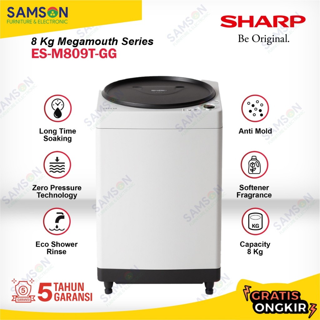Sharp Mesin Cuci 1 Tabung 8 Kg ES-M809T-GG 8Kg Top Loading Megamouth Series ESM809TGG ES M809T GG