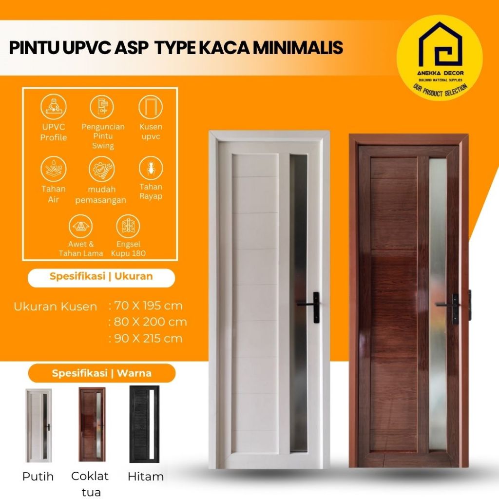 Pintu UPVC ASP Type Kaca Minimalis ukuran 70 x 195 cm set , motif kaca es  | Pintu Kamar tidur / Kam