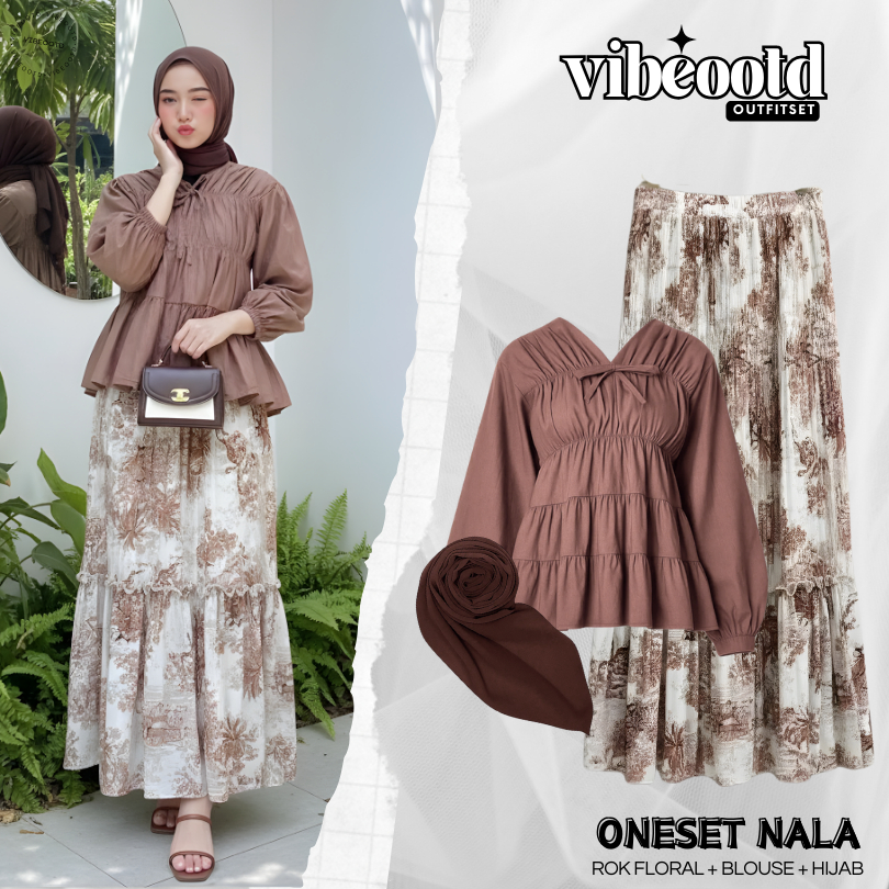 Nala Outfit Set Wanita ( Rok Plisket Bunga + Blouse Mireya Kerut + Hijab ) Setelan Hangout Kekinian 