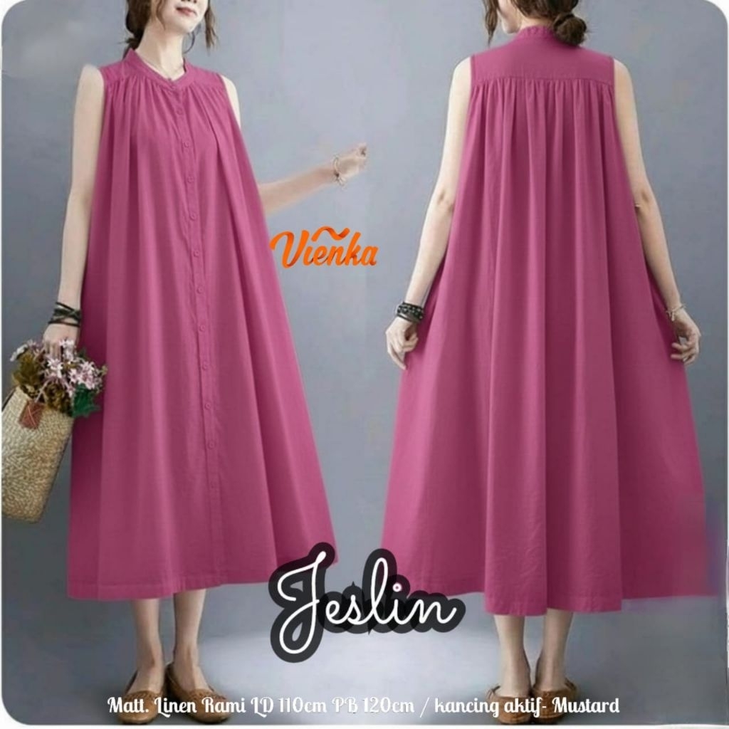 BAJU WANITA JESLIN MIDI DRESS JUMBO POLOS LINEN BY VIENKA