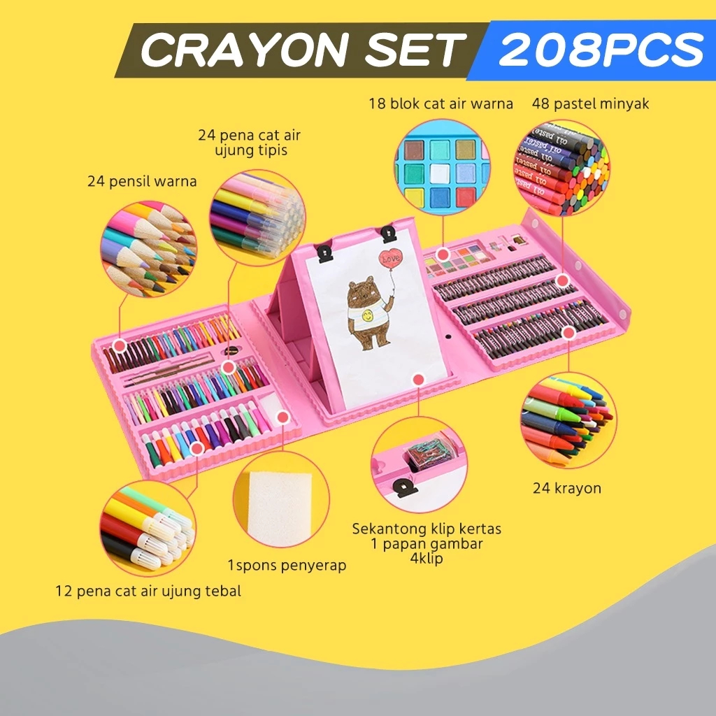 Terbaru Crayon Set 208 Pcs Set Pensil Warna Menggambar Mewarnai Melukis Anak-Anak Krayon Cat Cair