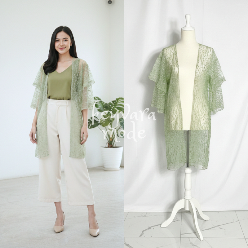 Keyvara Mode - Kimono Vest Outer Brokat Full Payet Rompi Dress Wanita - Cardigan Brukat Bordir Konda