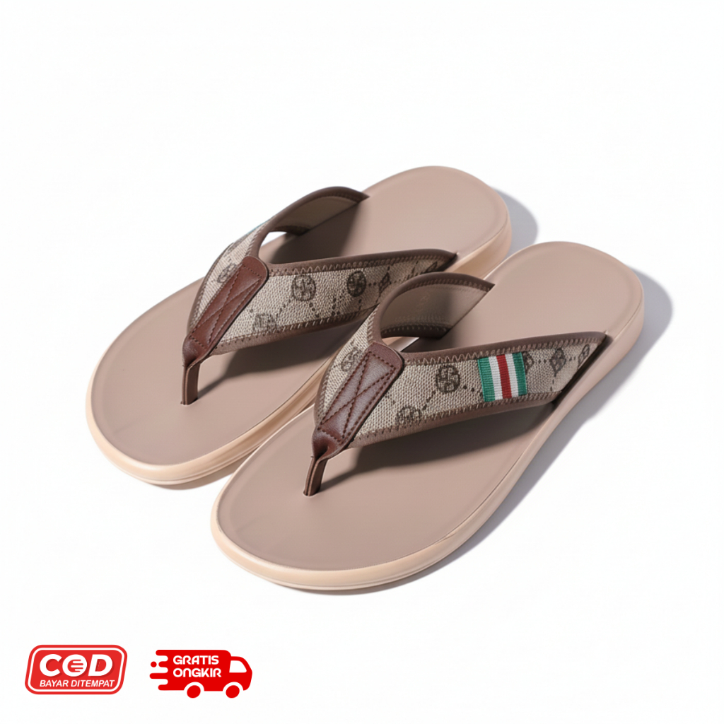 Sandal Jepit Pria Motif Monogram & Garis Italia Casual Premium