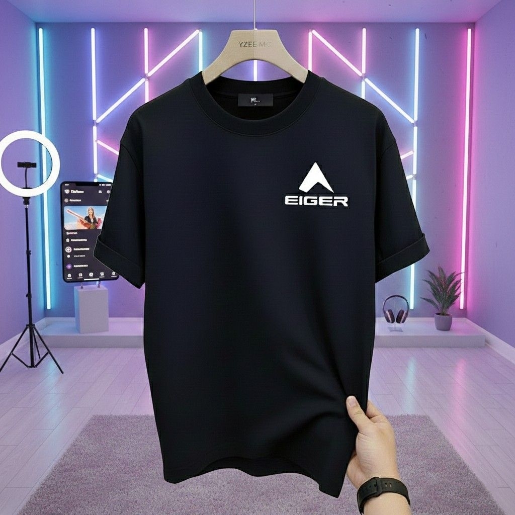 Kaos Eiger Pria Warna Hitam | Logo Minimalis Katun Premium