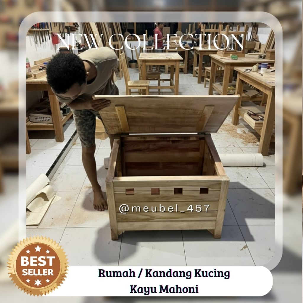 Rumah / kandang kucing Kayu mahoni pintu samping atap bisa di buka