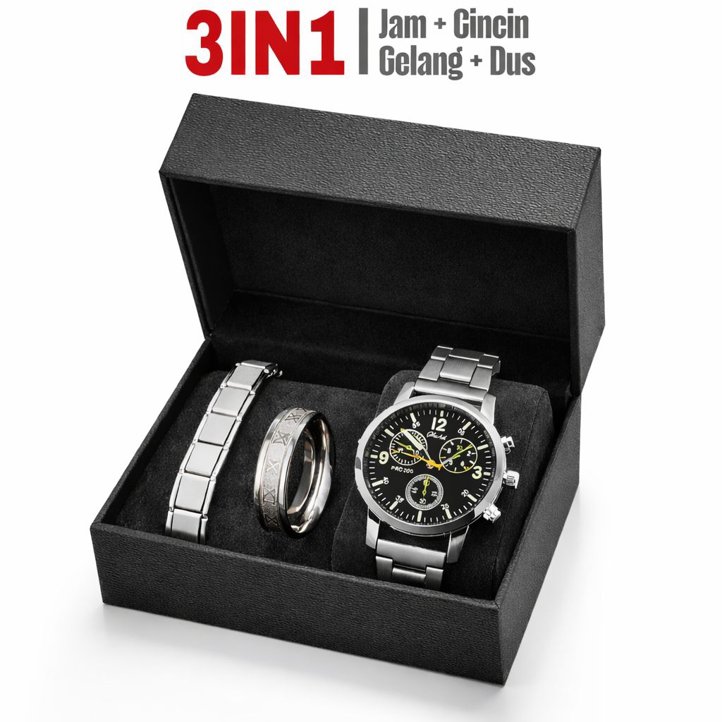 PAKET HEMAT 3IN1 JAM TANGAN KUARSA PRIA IMPORT PAKET KEREN COWOK ISI JAM TANGAN GELANG DAN CINCIN