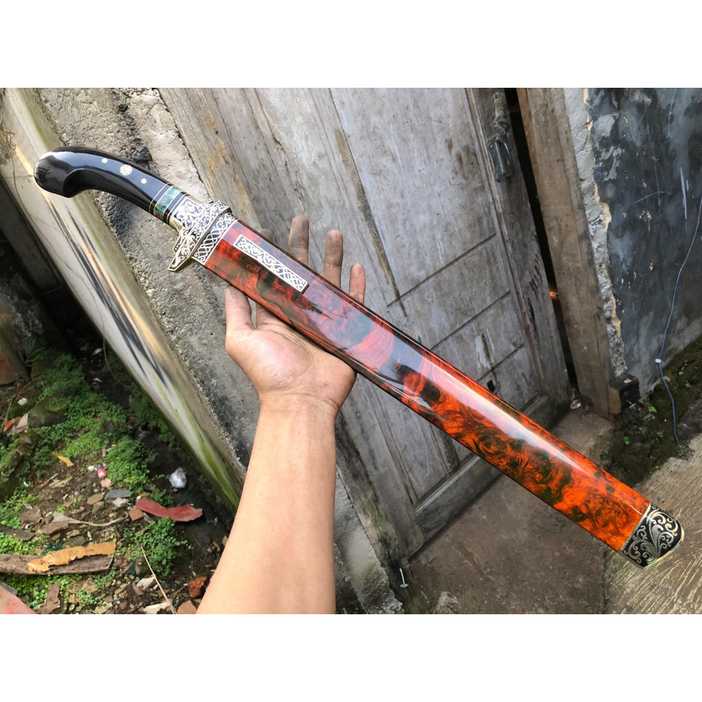 Pisau Sembelih Baja BOHLER N690 40cm 59 HRC Tajam - Sarung Kayu BURL Amboyna, Gagang Kayu Eboni, Ful