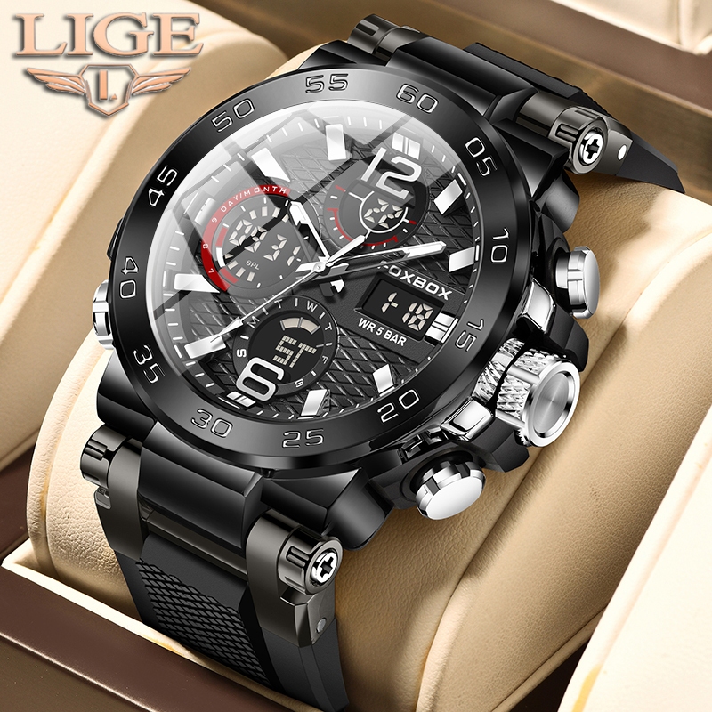 LIGE Jam Tangan Digital Bisnis Jam Tangan Penyelam Modis Asli Pria Jam Tangan Chronograph Militer Ta