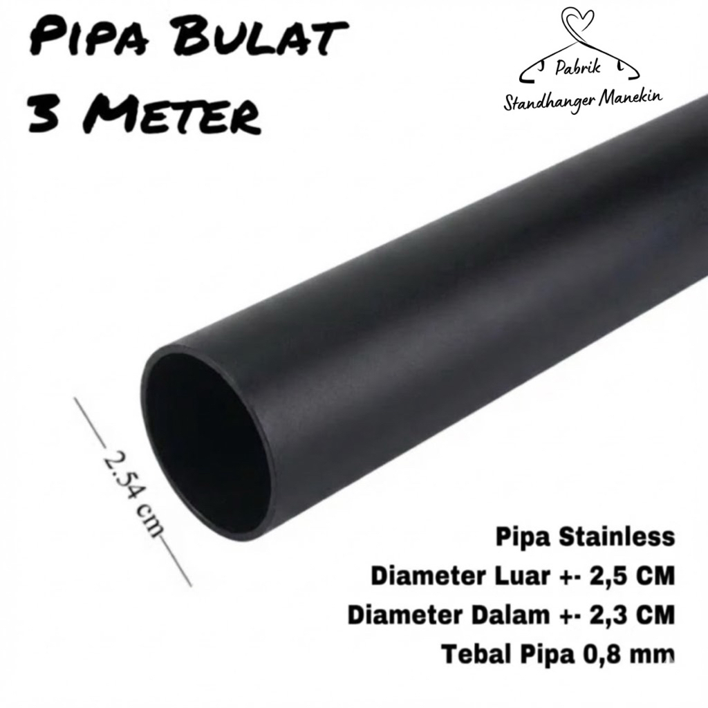Pipa Besi Bulat Stainless cat Hitam 3 Meter | Pipa Bulat Display | Besi Bulat 300 CM | Besi Bulat | 