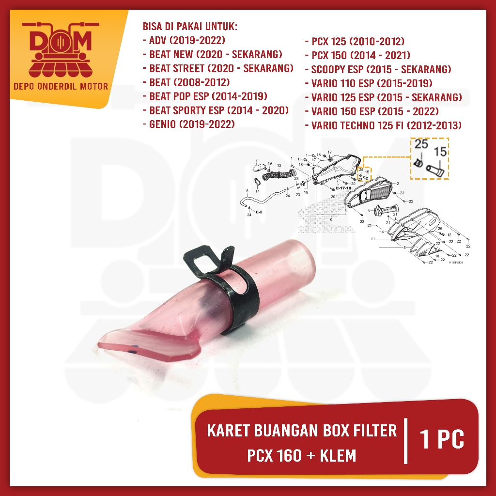Karet Buangan Box Filter PCX 150 + Klem (PSP) Pembuangan Air Filter Udara PCX 160 Vario 125 Beat eSP