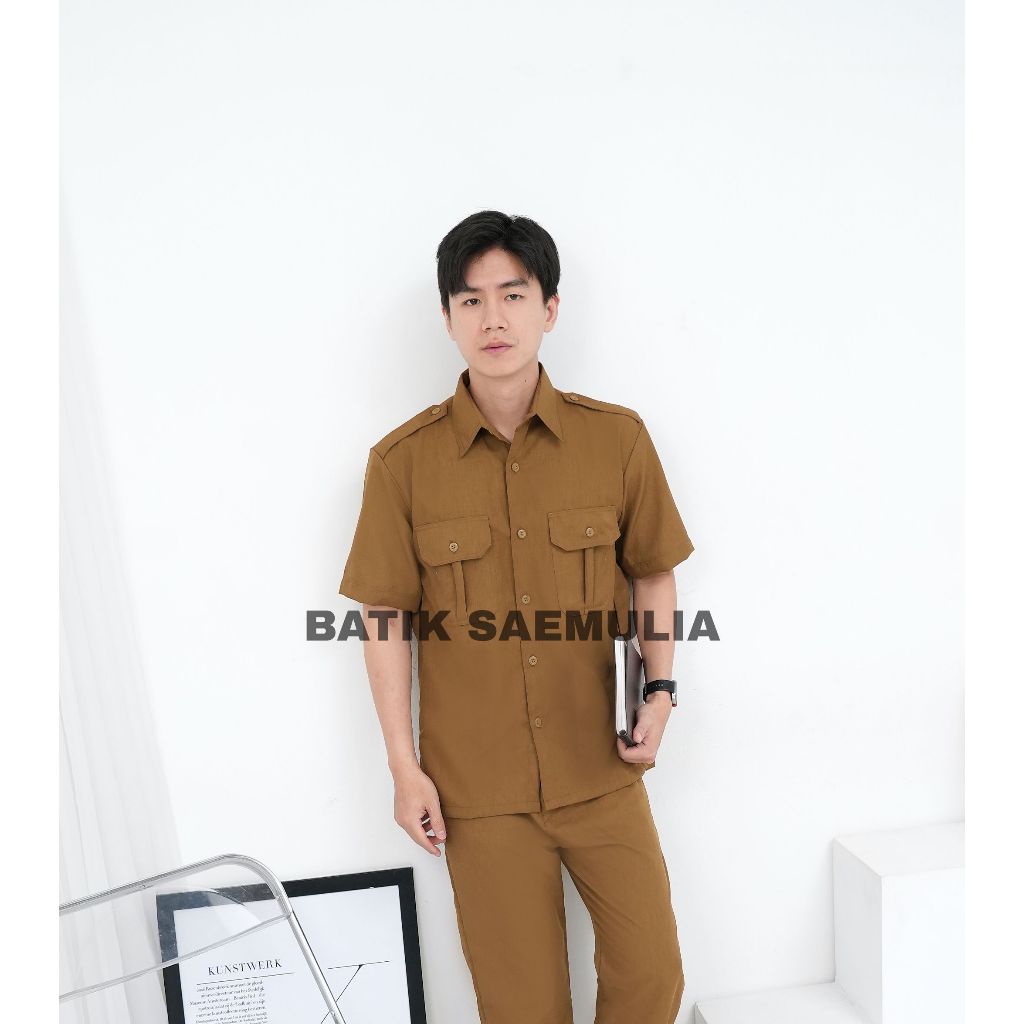 Batik Saemulia Seragam PNS Pemda pria khaki tua dan muda lengan pendek Baju PNS pemda terbaru