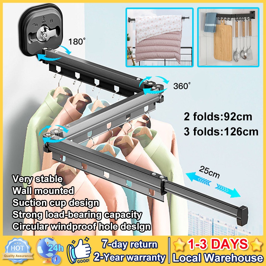 READY STOCK + COD  92-126cm RAK JEMUR BAJU LIPAT DINDING ALUMUNIUM - Gantung 20KG, Tanpa Bor & Pakai