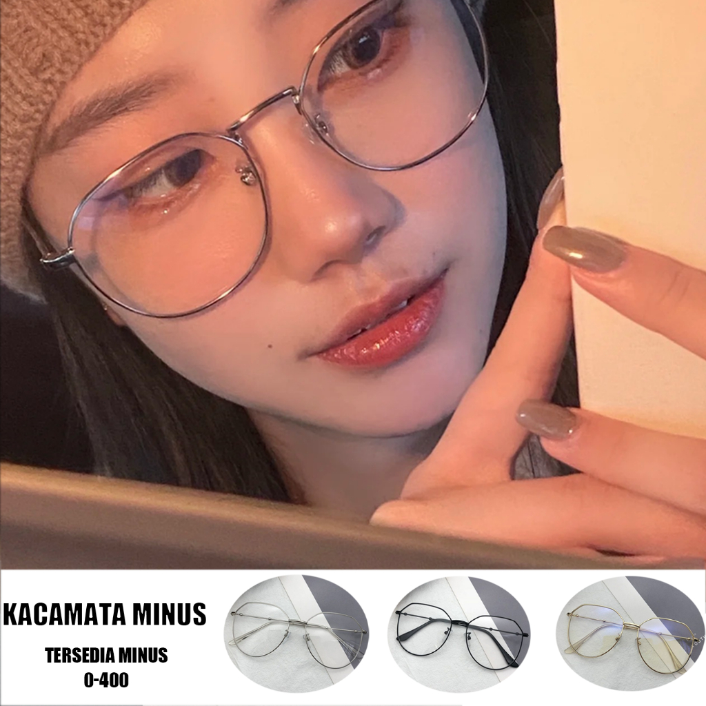 kacamata minus wanita Kacamata Minus Metal Frame Tipis Anti Blue Light Radiasi Ukuran Besar Efek Waj
