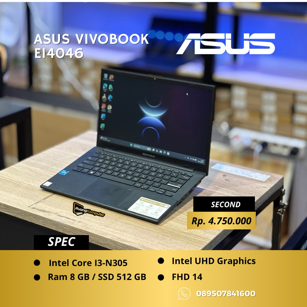 Laptop ASUS VIVOBOOK E1404G Intel Core I3-N305 RAM 8GB SSD 512GB FHD 14 Inch Second Bergaransi