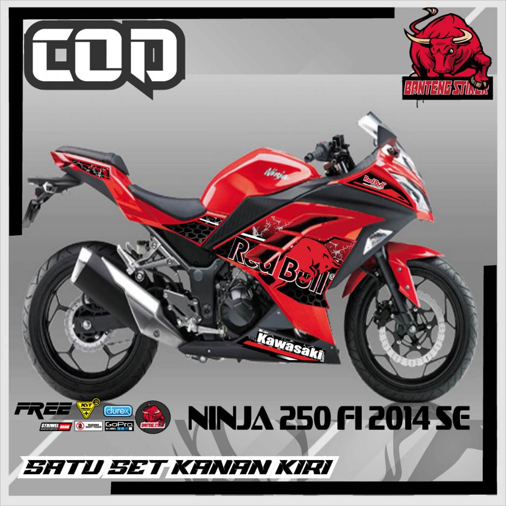 Stiker striping set kanan kiri variasi sepeda motor kawasaki NINJA 250 2014 SE motif REdbull