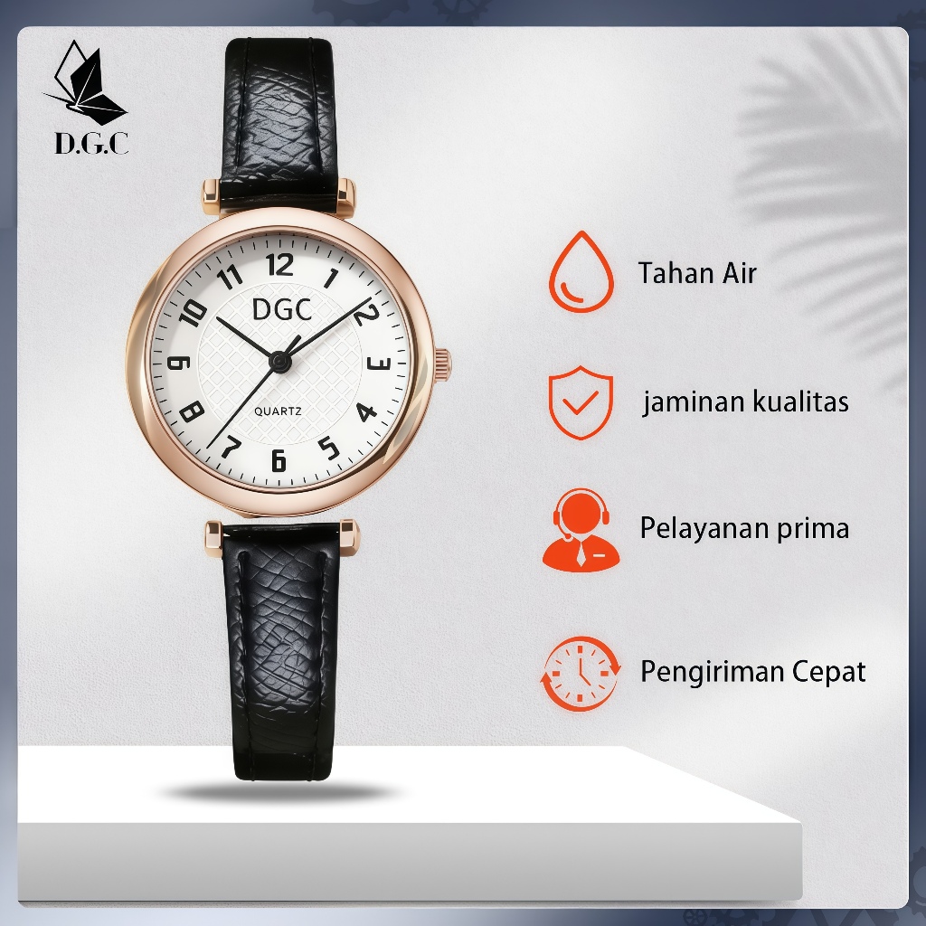 DGC W490 Jam Tangan Quartz Wanita DGC W490 dengan Tali PU, Gaya Retro, Fashion Korea, Casing Carambo