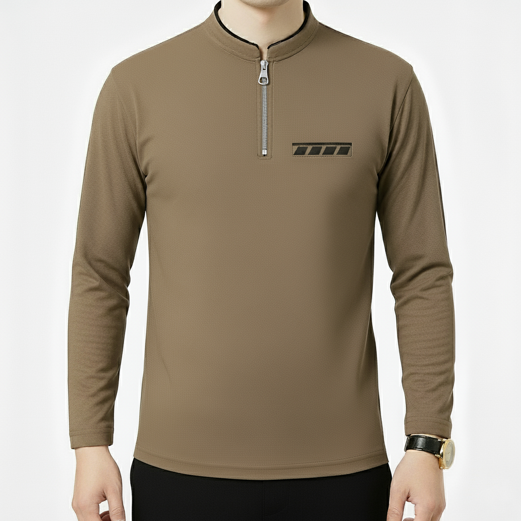 Kaos Kerah Shanghai Pria Lengan Panjang Resleting Saku Zebra - Baju Koko Modern Casual