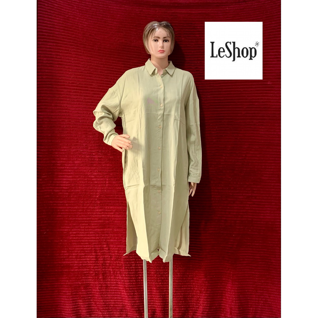 DRESS WANITA TUNIK KEMEJA HIJAU SAGE KANCING DEPAN CANTIK FREESIZE