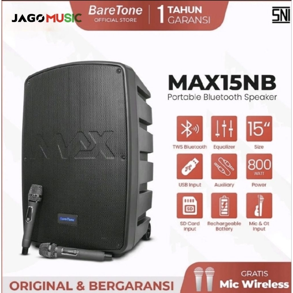 Baretone Speaker Portable MAX15NB Speaker Bluetooth 15inch Speaker Baretone MAX