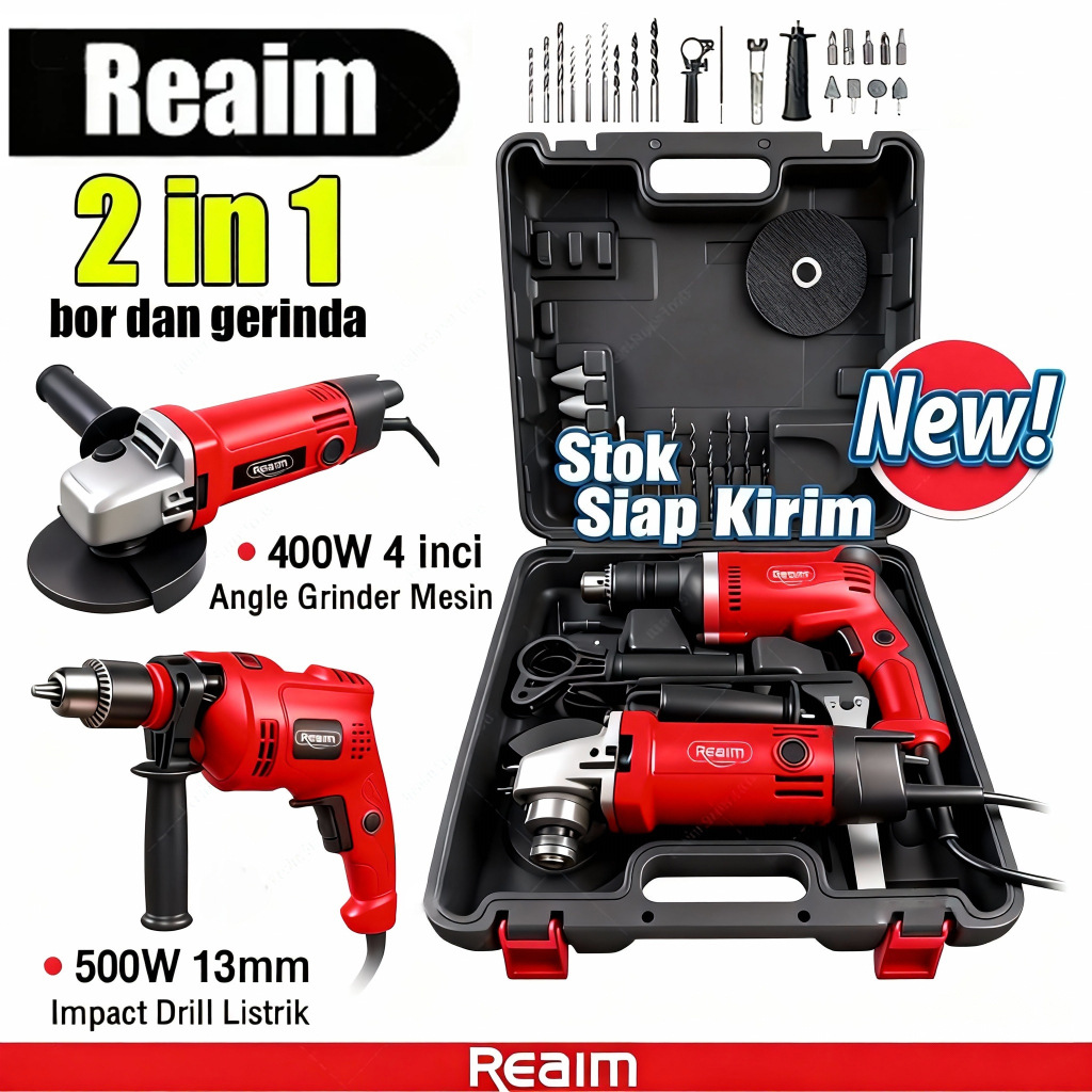 REAIM Mesin Gerinda Tangan bor dan gerinda 13mm mesin grenda Mesin Bor Listrik Gerinda dan Bor paket