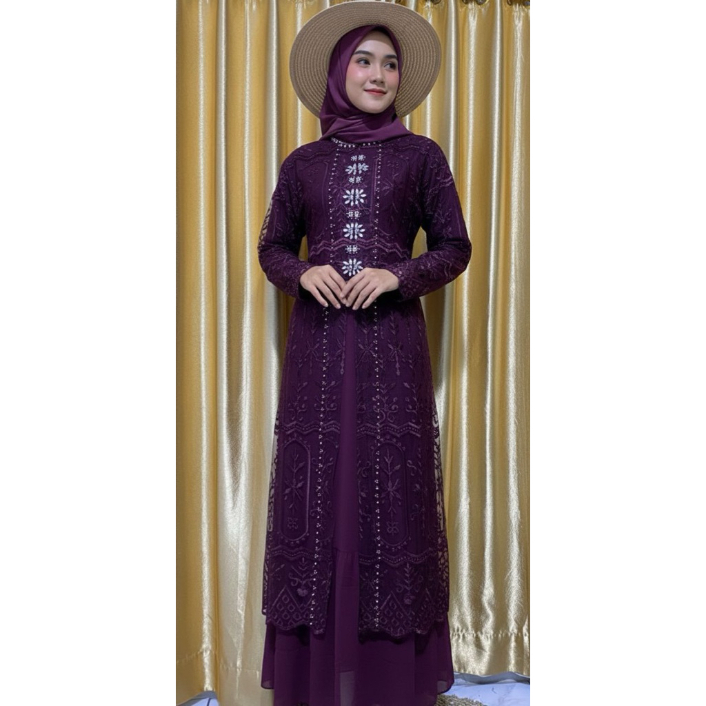 gamis 2 in 1 dalam seruty premium outer brokat mutiara