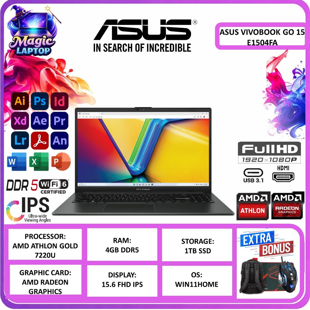 Laptop Asus Vivobook Go 15 E1504FA Amd Athlon Gold 7220U 4GB DDR5 1TB SSD FHD IPS Win11 Home