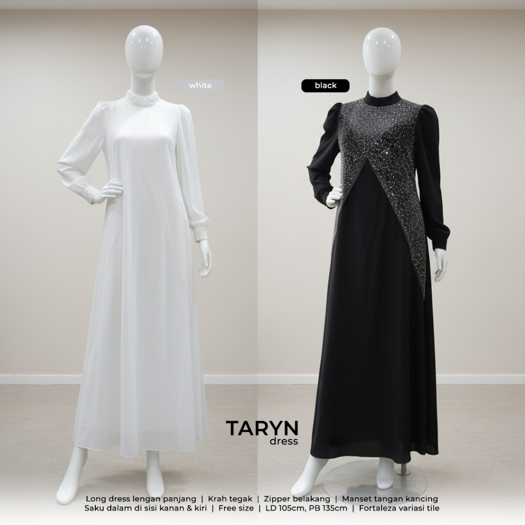 Dzakirah Dress TARYN l Gamis Muslim Fortaleza Variasi Tile l Longdress Hitam Putih l Woman;s Fashion