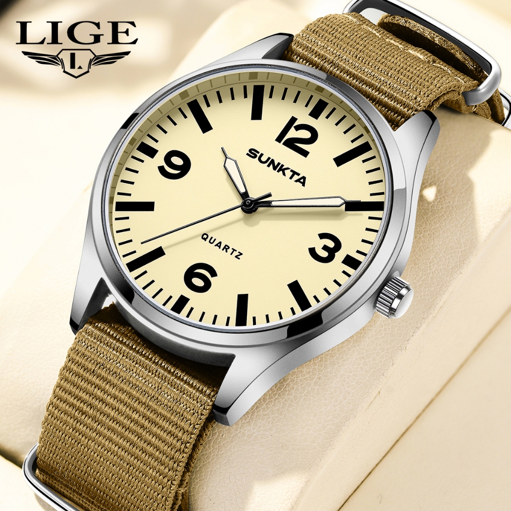 LIGE Jam Tangan Pria Tali Nilon Tentara Jam Tangan Tahan Air untuk Pria Jam Tangan Kuarsa Olahraga L