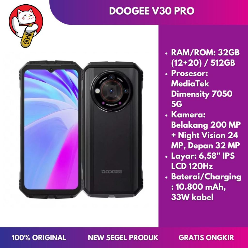 DOOGEE V30 PRO 5G RAM 32GB (12+20) ROM 512GB Layar IPS LCD 120Hz Kamera Night Vision Smartphone Tang