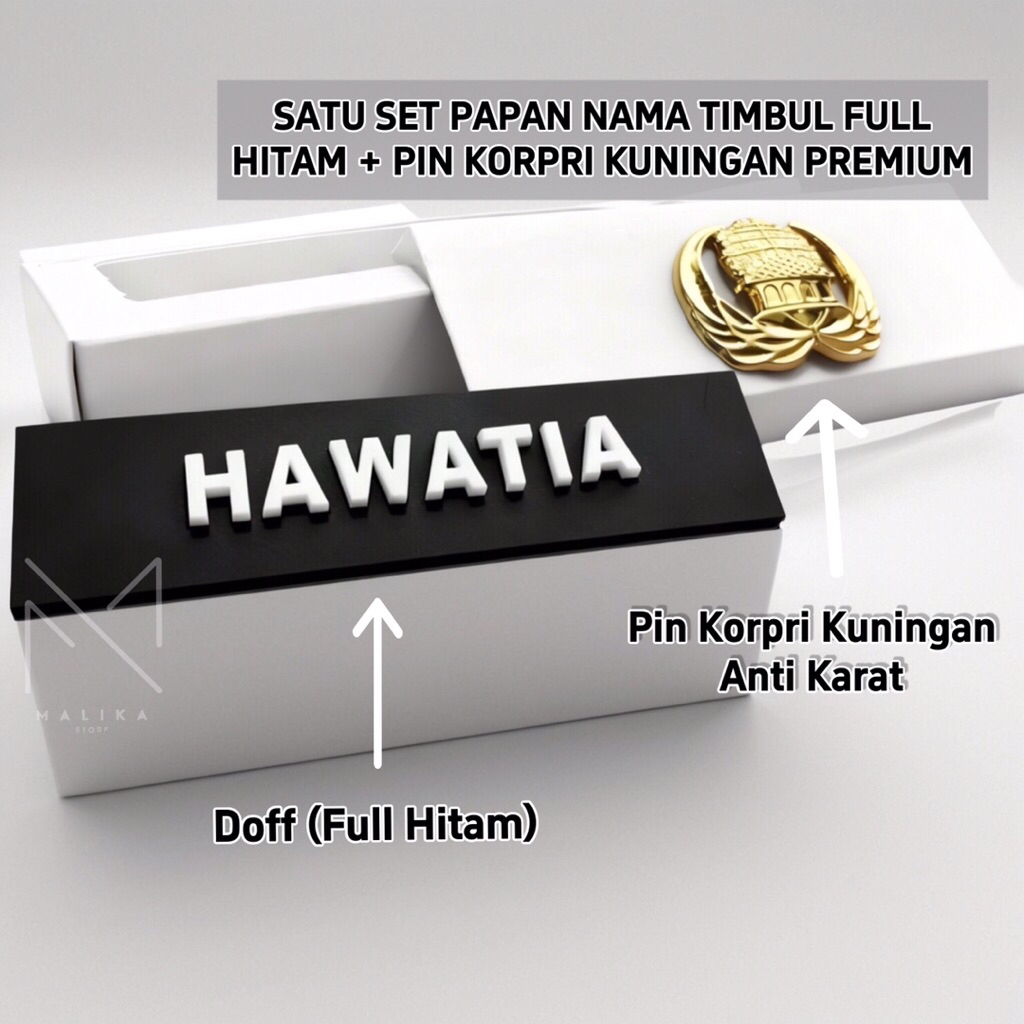 NAMETAG | PAPAN NAMA DADA TIMBUL FULL HITAM (DOFF) + PIN KORPRI KUNINGAN ASLI ANTI KARAT | NAME TAG 