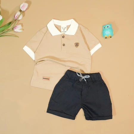 BRAVEKIDS - SETELAN KAOS KERAH ANAK LAKI LAKI COTTON PIQUE WARNA COKLAT SUSU