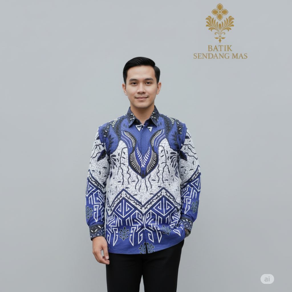Kemeja Batik Pria Premium Lengan Panjang Katun Adem - Motif Piramida Biru - Batik Sendang Mas