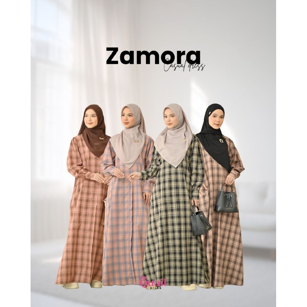 Dress Zamora ori Quail Hijab - Gamis Katun motif Kotak-kotak Busui Friendly