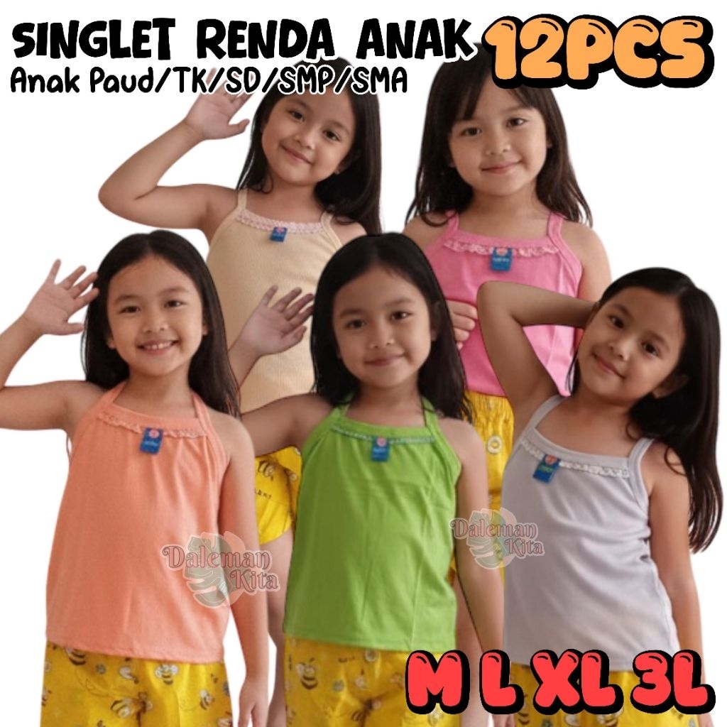 GROSIR 12 PCS ( 1 LUSIN ) SINGLET RENDA ANAK PEREMPUAN TK SD SMP REMAJA KATUN TANKTOP KAOS DALAM ANA