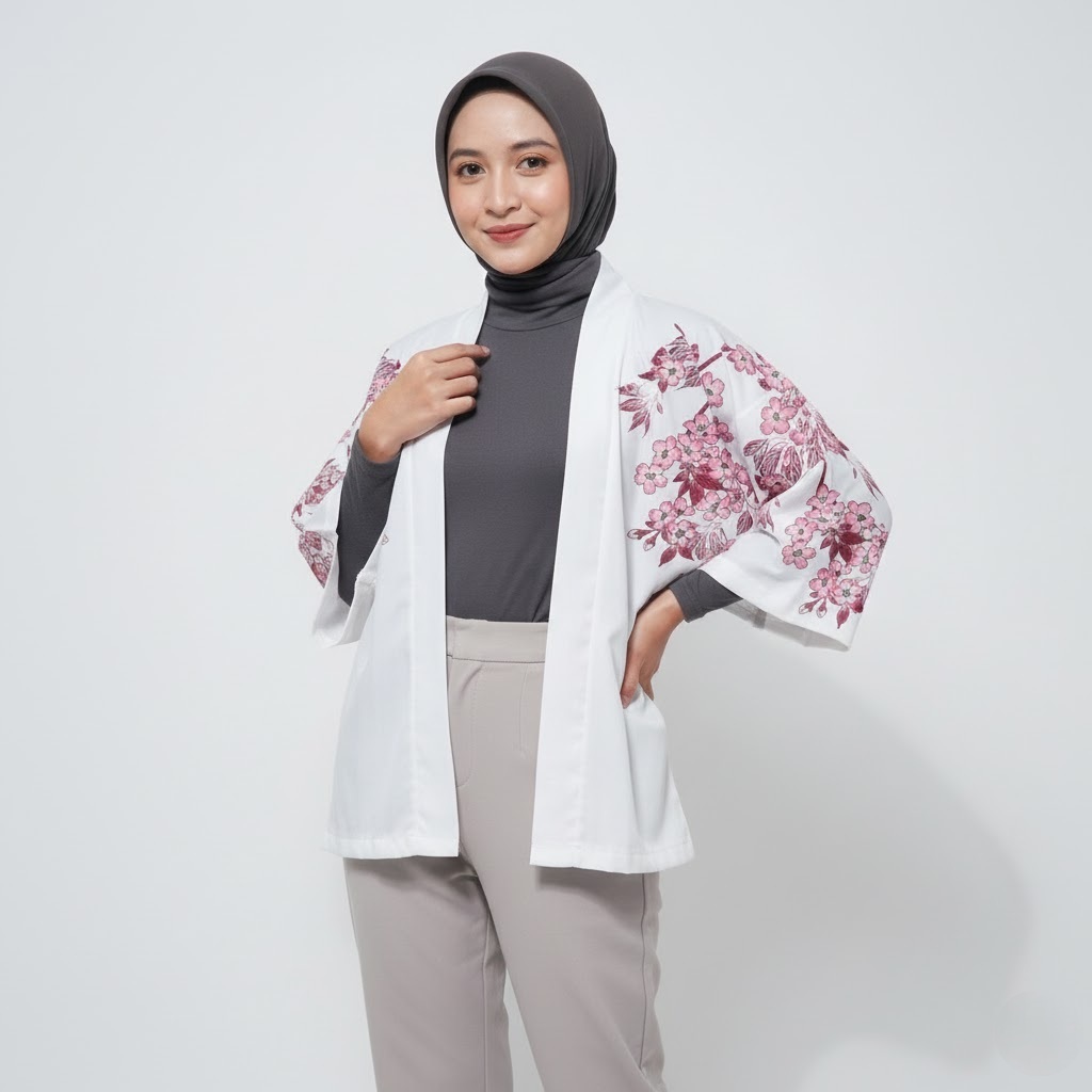 Kimono Haori Polyester White Sakura Koi Fish Premium