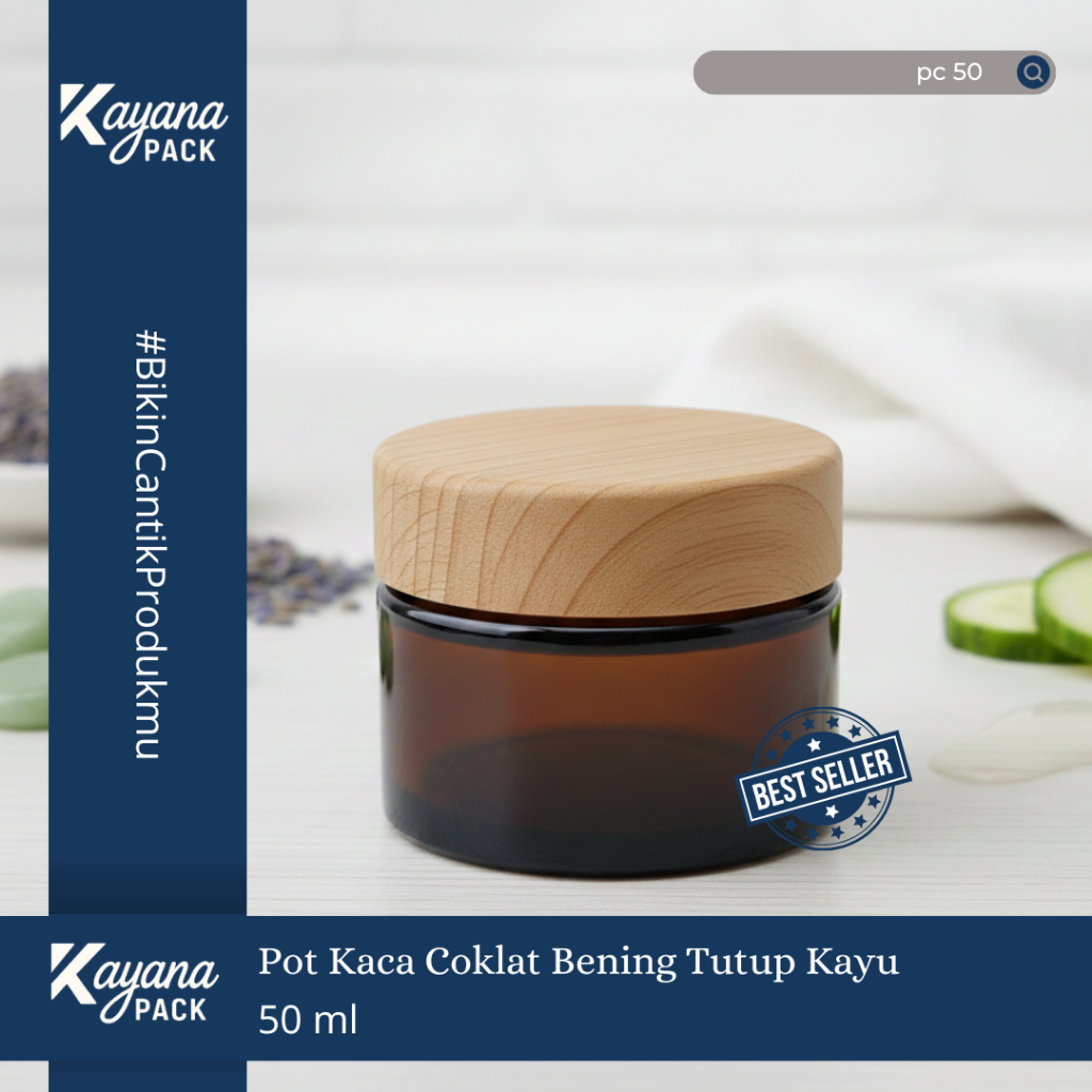 BOTOL POT JAR CREAM KRIM KACA COKLAT BENING 50GR TUTUP KAYU / POT KACA COKLAT 50 GR (PC50)
