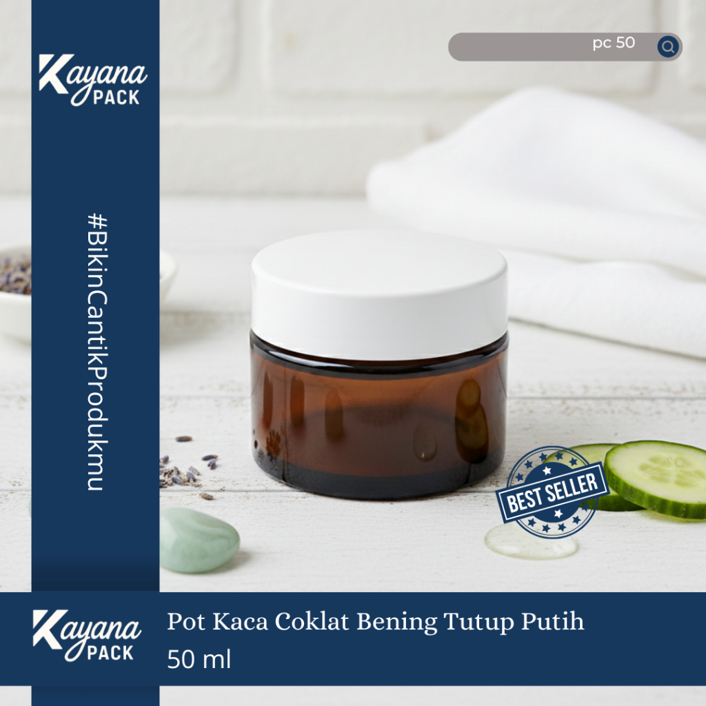 BOTOL POT JAR CREAM KRIM KACA COKLAT BENING 50GR TUTUP PUTIH / POT KACA COKLAT 50 GR (PC50)