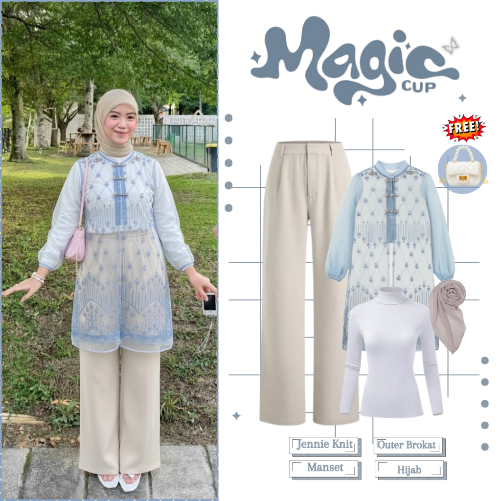 One set Kondangan Wanita || Outer Brokat Denim + Celana Jennie Knit + Hijab Segiempat || Setelan Kon