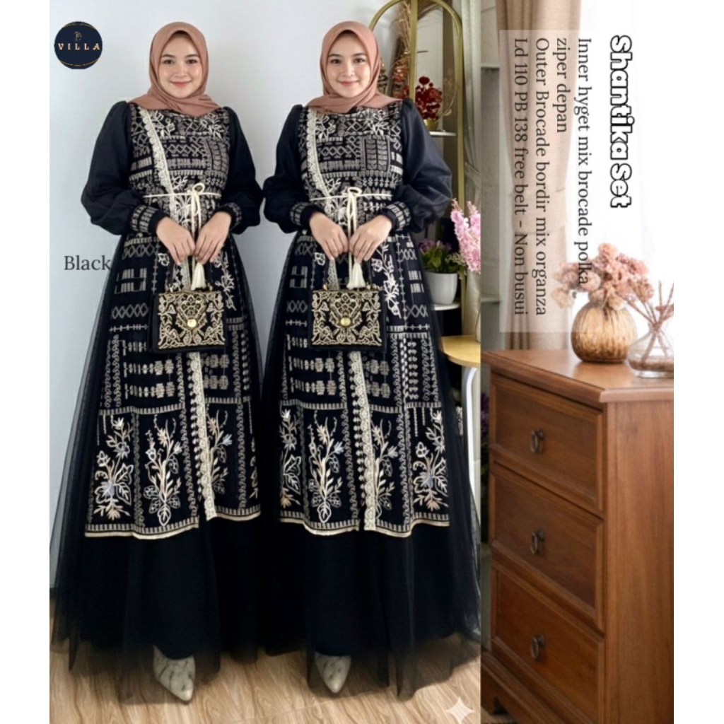 Shantika Set Gamis Kondangan Mewah Brokat Bordir Mix Organza Silk - Baju Muslim Wanita Pesta Modern 
