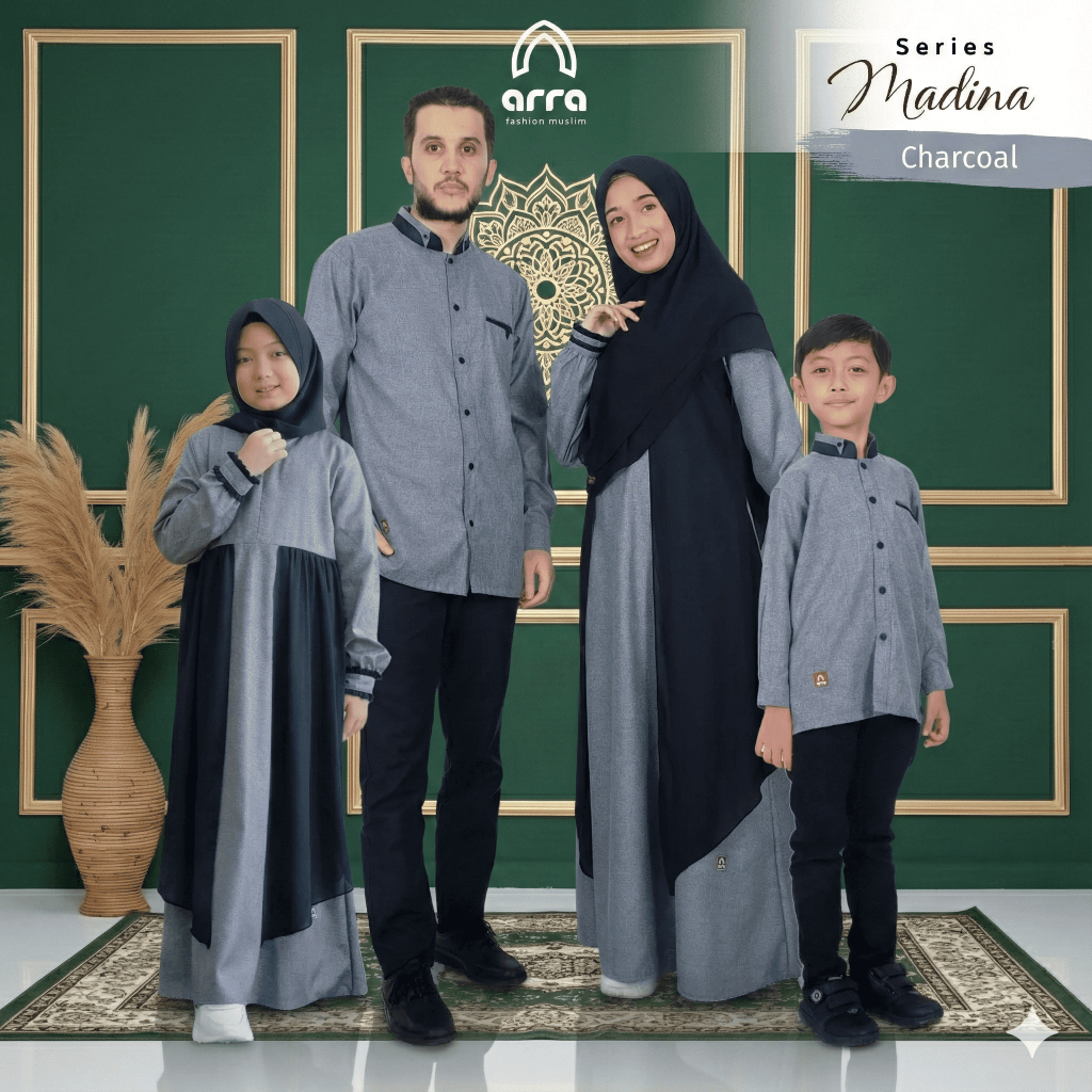 Baju Couple Cople Sarimbit Muslim Pasangan Kapel Keluarga Lebaran Ayah Ibu Anak Madina Warna Charcoa