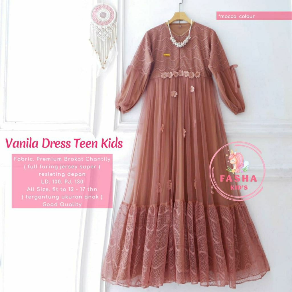 Vanila dress teen kids gamis anak remaja usia 12-16 tahun bahan tile brokat cantik