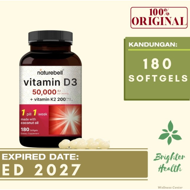 Vitamin D3+K2 with Virgin Coconut Oil by Naturebell Non-Gmo, Gluten-Free D3 50.000iu K2 180 Sogtgels