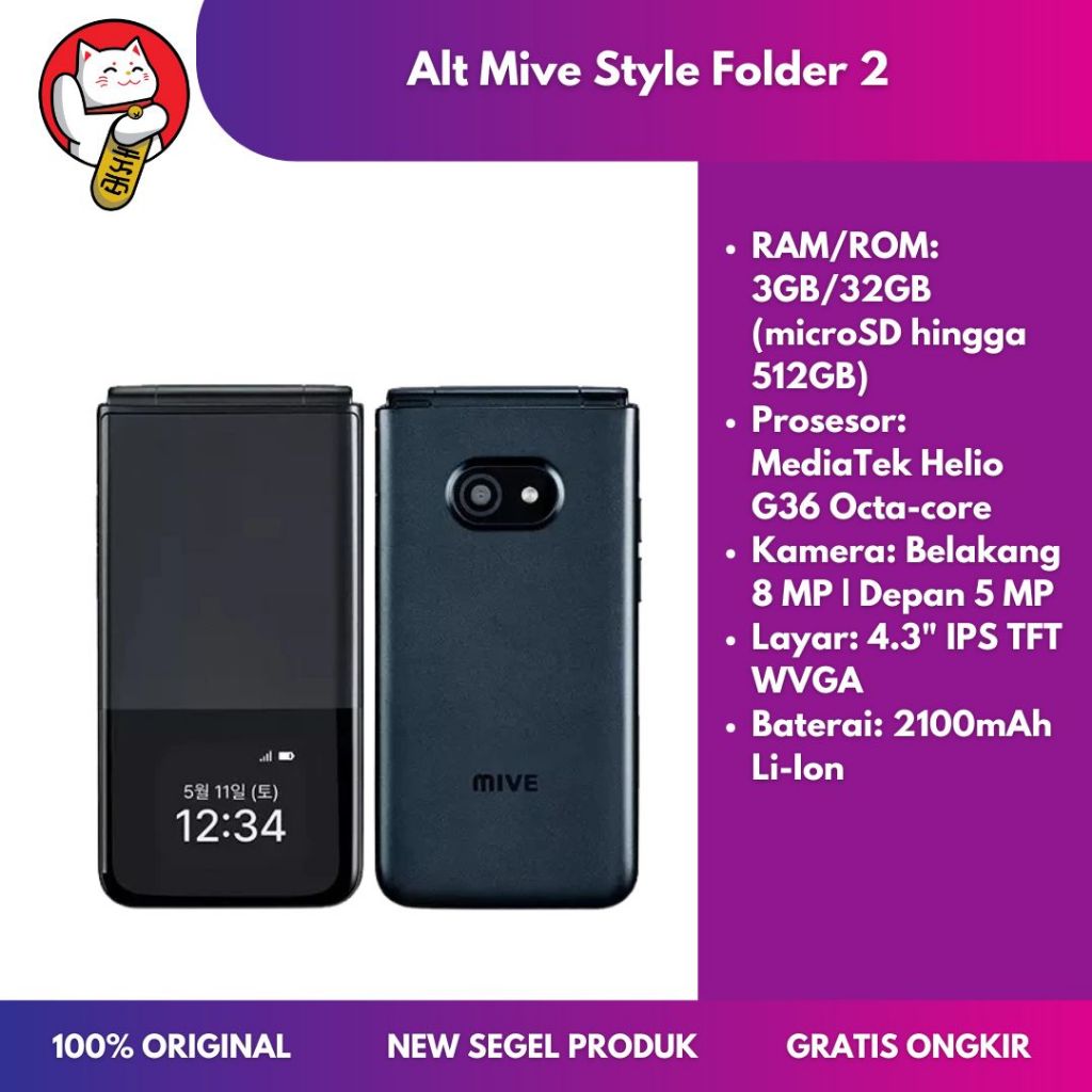 Alt Mive Style Folder 2 4G AT-M140 RAM 3GB ROM 32GB Baterai 2100mAh Helio G36 Layar 4.3" Android 14 