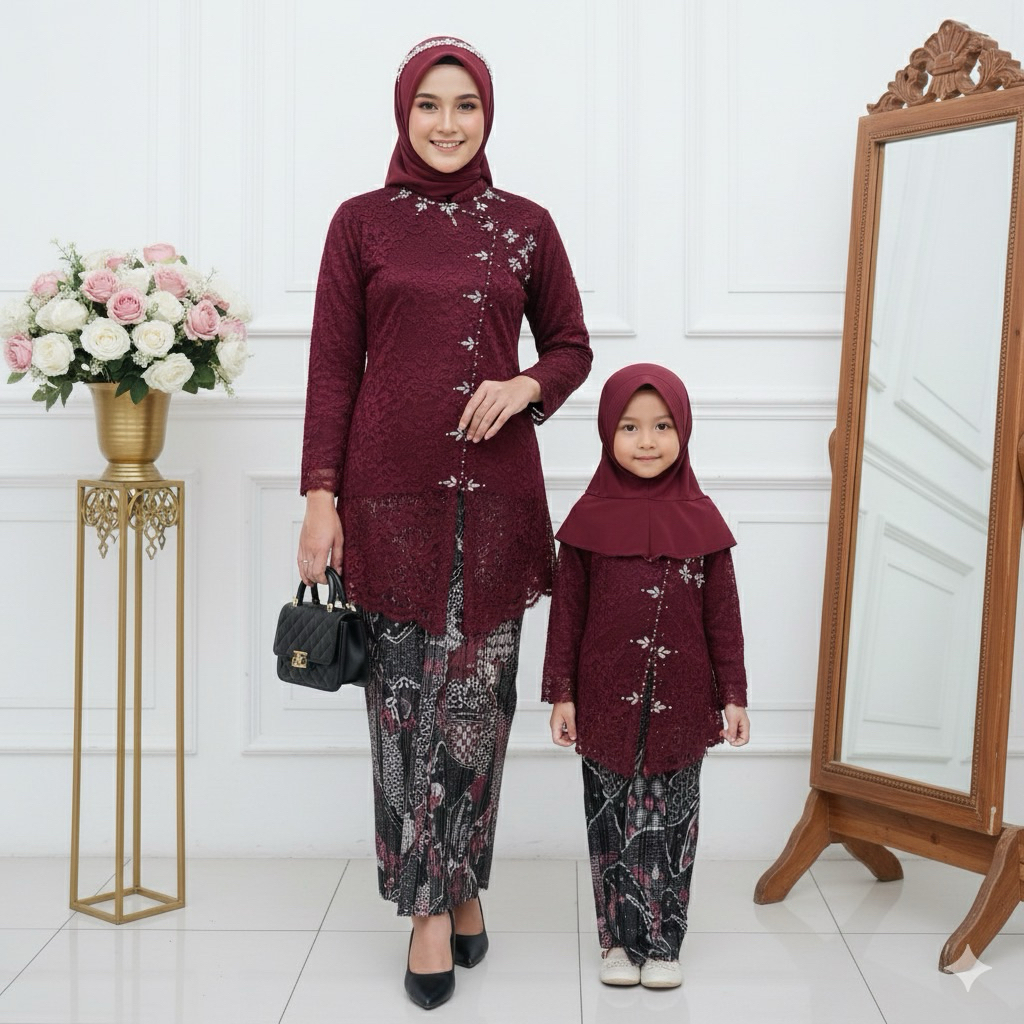 Set Couple Janggan Brukat Kebaya Tunik Seragaman Ibu dan Anak Acara Pernikahan dan lainnya